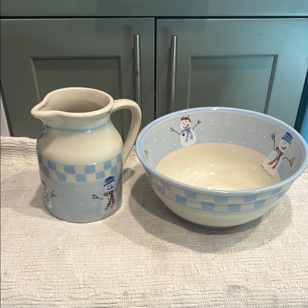 Snowman Cream and Blue 62 Oz Pitcher and Bowl 
 Set.